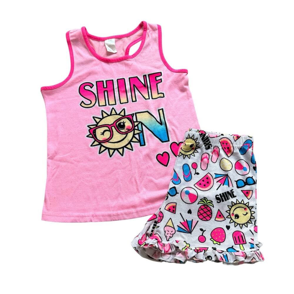 Girls M 7-8 Shine On Hot Pink Rainbow Pajama Set Sleeveless Top Ruffle Shorts